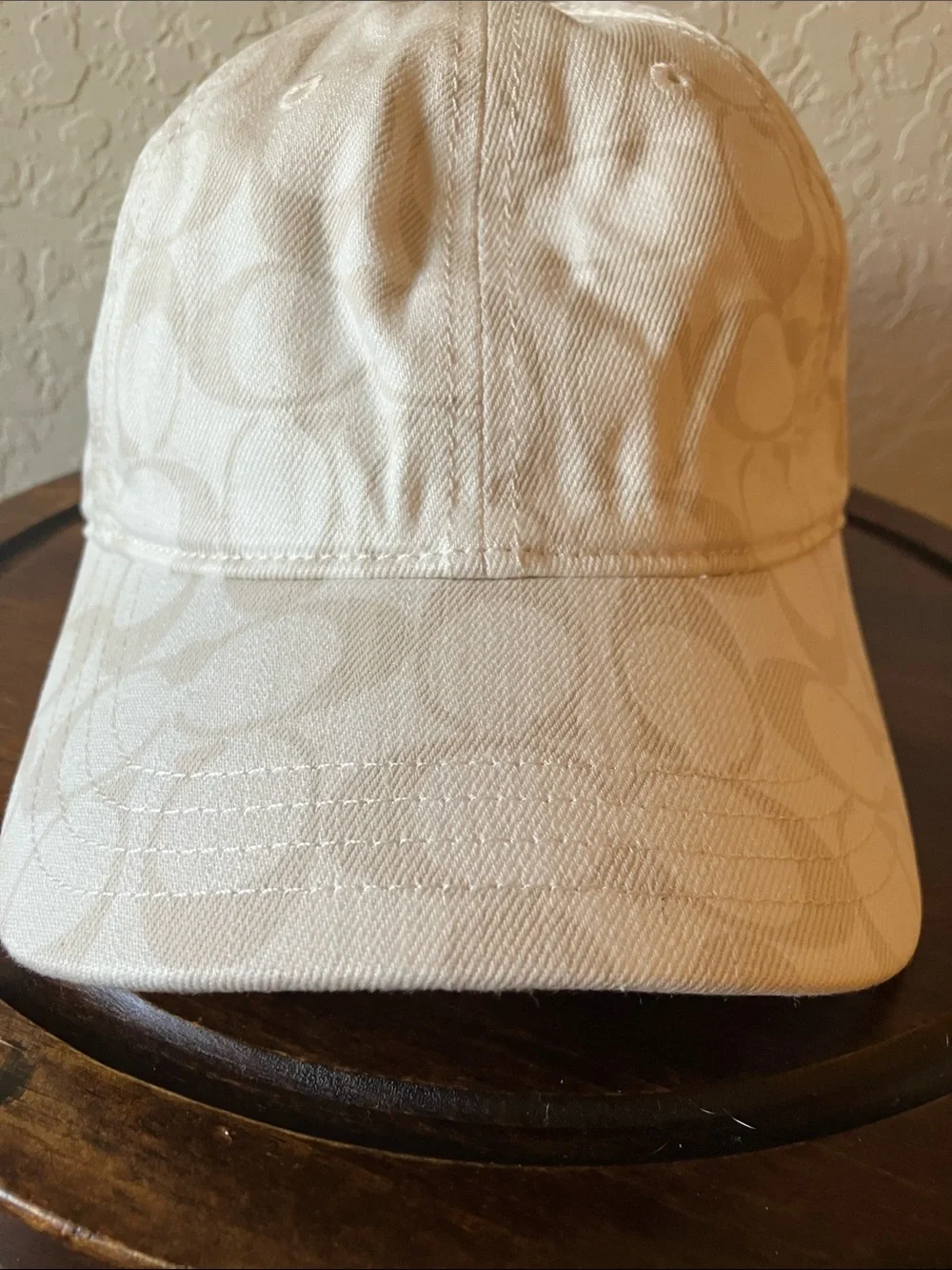 Coach: Cream Signature Baseball Cap- Leather Strap- M/L